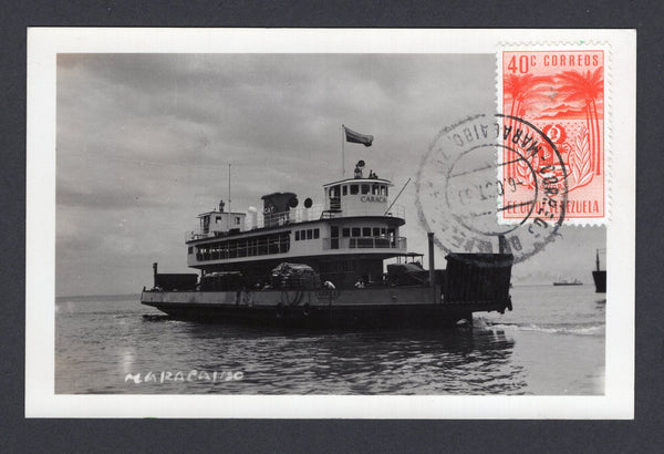 VENEZUELA - 1953 - ARMS ISSUE: Black & white real photographic PPC 'Maracaibo' showing the Steamer 'Caracas' on the river franked on picture side with 1953 40c orange 'Sucre' postage ARMS issue (SG 1086) tied by MARACAIBO cds's dated 6 OCT 1953. Addressed to BELGIUM.  (VEN/38418)