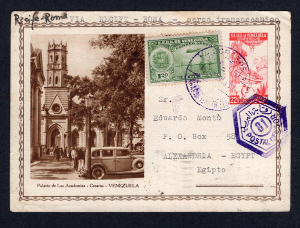 VENEZUELA - 1938 - POSTAL STATIONERY & DESTINATION: 22½c red postal stationery viewcard (H&G 20) with view in brown 'Palacio de las Academias - Caracas - VENEZUELA' with typed 'Via Recife - Roma Aereo Transatlantica' at top used with added 1938 1.20b green AIR issue (SG 562) tied by CARACAS cds dated 19 APR 1940. Sent airmail to EGYPT with hexagonal Egyptian 'POSTAL CENSOR' arrival marking in purple on front. An unusual destination.  (VEN/38421)