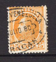VENEZUELA - 1880 - FOREIGN MAIL ISSUE: 25c yellow 'Foreign Mail' issue first printing on thin paper, a superb used copy with good strike of oval CORREO DE VENEZUELA CARACAS cancel dated JULIO 1880. (SG 104)  (VEN/3851)