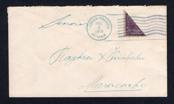 VENEZUELA - 1918 - CANCELLATION & BISECT: Cover franked with diagonally BISECTED 1915 50c purple (SG 369) tied by fine strike of CORREOS VENEZUELA BETIJOQUE cds dated DEC 4 1918. Addressed to MARACAIBO. A scarce origination.  (VEN/38654)