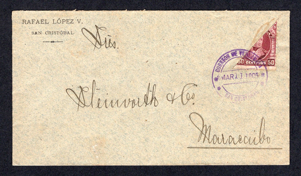 VENEZUELA - 1905 - BISECT & CANCELLATION: Cover franked with diagonally BISECTED 1904 50c claret (SG 315) tied by fine strike of CORREOS DE VENEZUELA SAN CRISTOBAL cds dated MAR 11 1905. Addressed to MARACAIBO. Fine & scarce.  (VEN/38655)