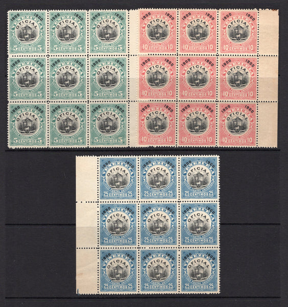 VENEZUELA - 1903 - OFFICIAL ISSUES: 5c black & green, 10c black & rose & 25c black & blue OFFICIAL issue with '1900' overprints in corners.  All values in fine mint or unused blocks of nine. (SG O222/O224)  (VEN/3879)