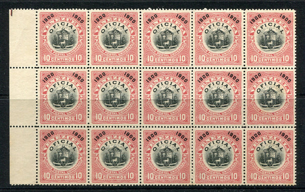 VENEZUELA - 1903 - OFFICIAL ISSUES: 10c black & rose OFFICIAL issue with '1900' overprints in corners.  A fine unused corner marginal block of fifteen. (SG O223)  (VEN/3880)