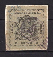 VENEZUELA - 1903 - CIVIL WAR ISSUES - GUAYANA: 25c black on grey green GUAYANA 'Large' type with fancy blue control overprint in corner tied on small piece by fine CORREOS CIUDAD BOLIVAR cds in purple dated 25 ABRIL 1903. Very scarce. (SG 252)  (VEN/3885)