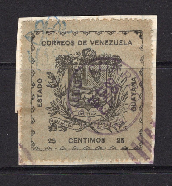 VENEZUELA - 1903 - CIVIL WAR ISSUES - GUAYANA: 25c black on grey green GUAYANA 'Large' type with fancy blue control overprint in corner tied on small piece by fine CORREOS CIUDAD BOLIVAR cds in purple dated 25 ABRIL 1903. Very scarce. (SG 252)  (VEN/3885)