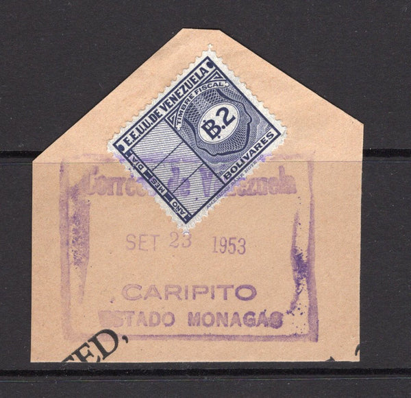VENEZUELA - 1953 - POSTAL FISCALS: 2b indigo purple REVENUE issue used for postage tied on piece by fine CARIPITO ESTADO MONAGAS boxed cancel dated SET 23 1953. The higher values used as postage are very scarce.  (VEN/3916)
