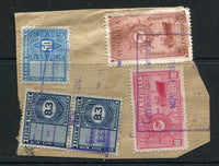 VENEZUELA - 1949 - POSTAL FISCALS: 3b blue pair and 50c pale blue REVENUE issue used for postage tied on piece with additional 5c brown lake and 10c carmine (SG 791 & 782) tied by feint BAHIA DE LAS PIEDRAS boxed cancels dated NOV 1 1949. The higher values used as postage are very scarce.  (VEN/3918)