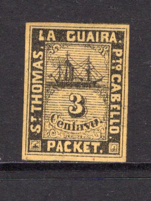 VENEZUELA - 1864 - LA GUAIRA LOCAL ISSUES: 3c black on yellow LA GUAIRA 'Ship' issue, type A (lines behind value), a fine unused copy with four good margins. (SG 4)  (VEN/39401)