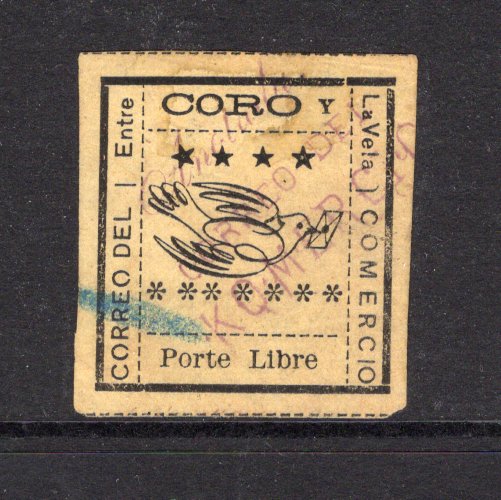 VENEZUELA - 1889 - LOCAL ISSUE - CORO Y LA VELA: 'Porte Libre' black on yellow local issue for 'CORO Y LA VELA' rouletted in black. A fine copy from the first original printing used with 'ANOTADA CORREO DEL KOMERCIO cancel in reddish purple and small part blue crayon mark. The first printing is rare. (Hurt & Williams #13)  (VEN/39430)