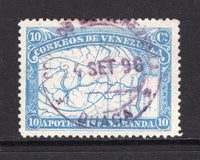 VENEZUELA - 1896 - MIRANDA MAP ISSUE & CANCELLATION: 10c blue 'Miranda Map' issue, a fine used genuine copy with good strike of DUACA cds in purple dated 24 SEP 1896. Very scarce. (SG 170)  (VEN/39715)