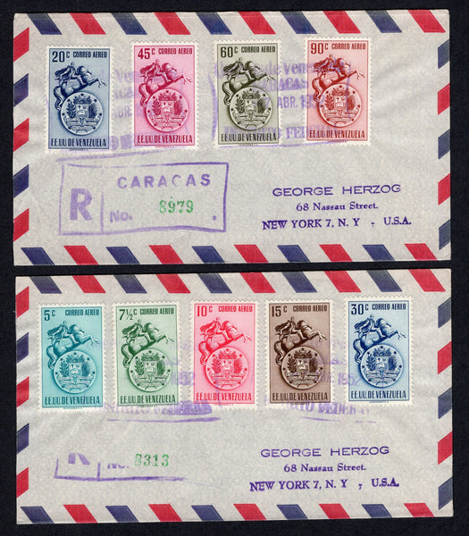 VENEZUELA - 1951 - ARMS ISSUE: 'Arms of Venezuela' AIR issue, the complete set of nine (SG 929/937) used on two registered airmail covers tied by boxed CARACAS cancels dated 7 ABR 1952 with boxed registration markings alongside. Addressed to USA with arrival marks on reverse.  (VEN/39742)