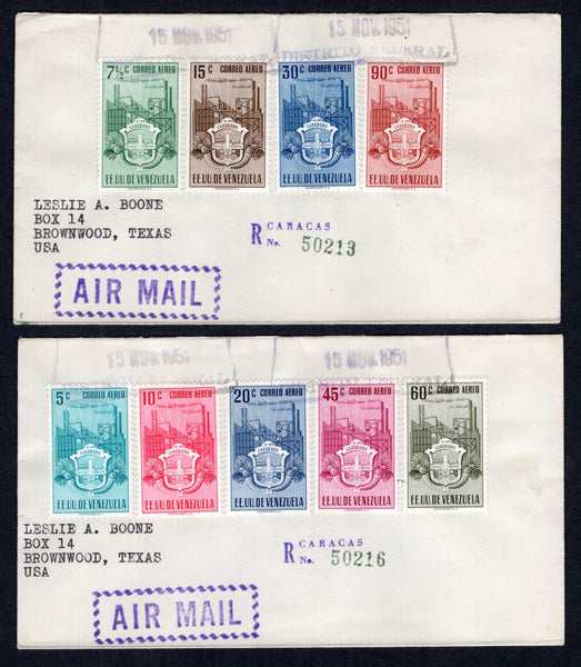 VENEZUELA - 1951 - ARMS ISSUE: 'Arms of Carabobo' AIR issue, the complete set of nine (SG 977/985) used on two registered covers tied by boxed CARACAS cancels dated 15 NOV 1951 with registration markings alongside. Addressed to USA with arrival marks on reverse.  (VEN/39743)