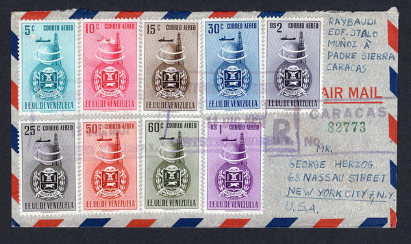VENEZUELA - 1951 - ARMS ISSUE: 'Arms of Anzoategui' AIR issue, the complete set of nine (SG 998/1006) used on registered airmail cover tied by boxed CARACAS cancels dated 11 DIC 1951 with registration marking alongside. Addressed to USA with arrival mark on reverse.  (VEN/39744)