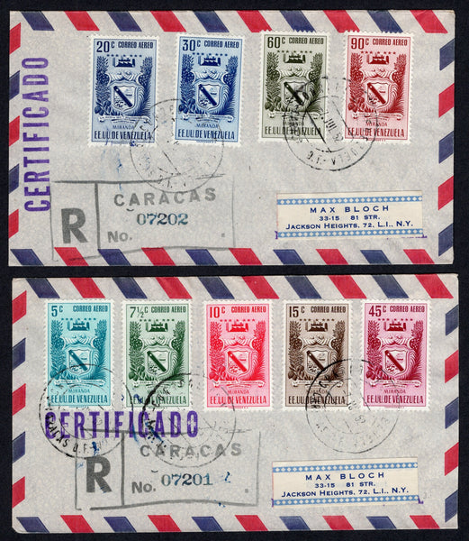 VENEZUELA - 1952 - ARMS ISSUE: 'Arms of Miranda' AIR issue, the complete set of nine (SG 1073/1081) used on two registered airmail covers tied by CARACAS cds's dated 7 JUL 1952 with boxed registration markings alongside. Addressed to USA with arrival marks on reverse.  (VEN/39745)