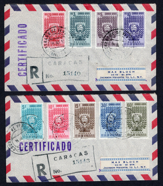 VENEZUELA - 1952 - ARMS ISSUE: 'Arms of Trujillo' AIR issue, the complete set of nine (SG 1105/1113) used on two registered airmail covers tied by CARACAS cds's dated 14 JUL 1952 with boxed registration markings alongside. Addressed to USA with arrival marks on reverse.  (VEN/39746)