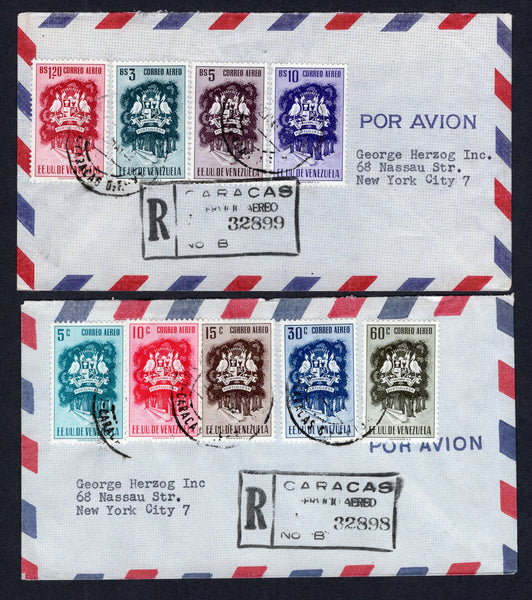 VENEZUELA - 1953 - ARMS ISSUE: 'Arms of Portuguesa' AIR issue, the complete set of nine (SG 1176/1184) used on two registered airmail covers tied by CARACAS cds's dated 22 MAY 1953 with boxed registration markings alongside. Addressed to USA with arrival marks on reverse.  (VEN/39749)