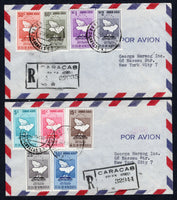 VENEZUELA - 1953 - ARMS ISSUE: 'Arms of Delta Amacuro' AIR issue, the complete set of nine (SG 1192/1200) used on two registered airmail covers tied by CARACAS cds's dated 22 MAY 1953 with boxed registration markings alongside. Addressed to USA with arrival marks on reverse.  (VEN/39750)