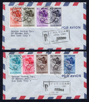 VENEZUELA - 1953 - ARMS ISSUE: 'Arms of Guarico' AIR issue, the complete set of nine (SG 1224/1232) used on two registered airmail covers tied by CARACAS cds's dated in error 33 MAY 1953 (the date should have been set as the 22nd May) with boxed registration markings alongside. Addressed to USA with arrival marks on reverse.  (VEN/39751)