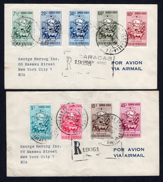 VENEZUELA - 1953 - ARMS ISSUE: 'Arms of Cojedes' AIR issue, the complete set of nine (SG 1265/1273) used on two registered covers tied by CARACAS cds's dated 22 Jan 1954 with boxed registration markings alongside. Addressed to USA with arrival marks on reverse.  (VEN/39752)