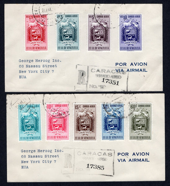 VENEZUELA - 1954 - ARMS ISSUE: 'Arms of Apure' AIR issue, the complete set of nine (SG 1297/1305) used on two registered covers tied by CARACAS cds's dated 23 Jan 1954 with boxed registration markings alongside. Addressed to USA with arrival marks on reverse.  (VEN/39753)