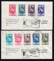 VENEZUELA - 1954 - ARMS ISSUE: 'Arms of Barinas' AIR issue, the complete set of nine (SG 1313/1321) used on two registered covers tied by CARACAS cds's dated 23 Jan 1954 with boxed registration markings alongside. Addressed to USA with arrival marks on reverse.  (VEN/39754)