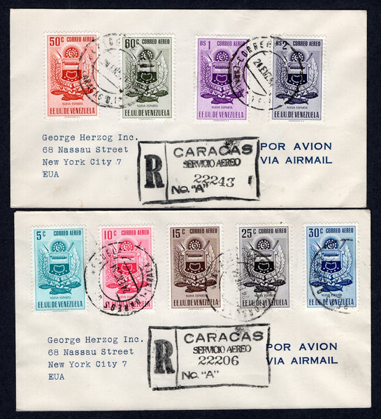 VENEZUELA - 1954 - ARMS ISSUE: 'Arms of Nueva Esparta' AIR issue, the complete set of nine (SG 1329/1337) used on two registered covers tied by CARACAS cds's dated 24 Jan 1954 with boxed registration markings alongside. Addressed to USA with arrival marks on reverse.  (VEN/39755)