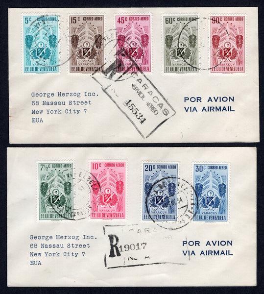 VENEZUELA - 1954 - ARMS ISSUE: 'Arms of Yaracuy' AIR issue, the complete set of nine (SG 1345/1353) used on two registered covers tied by CARACAS cds's dated 21 Jan 1954 with boxed registration markings alongside. Addressed to USA with arrival marks on reverse.  (VEN/39756)