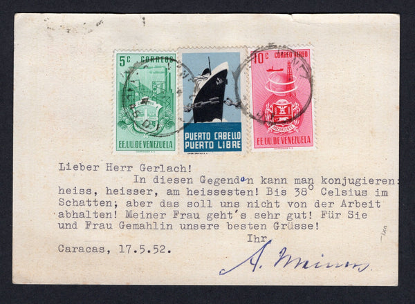 VENEZUELA - 1952 - POSTAL STATIONERY & CINDERELLA: 10c red postal stationery viewcard (H&G 19) with view in olive green 'Palacio de Las Academias - Caracas - VENEZUELA' used with added 1951 15c slate on front and 1951 5c green and 10c carmine and a fine illustrated 'Ship' CINDERELLA label inscribed 'Puerto Cabello Puerto Libre' on reverse (SG 1014, 970 & 999) all tied by CARACAS cds's. Addressed to GERMANY.  (VEN/39881)
