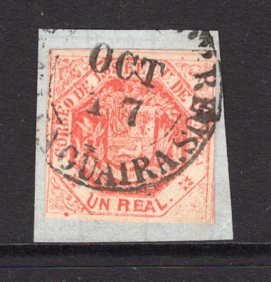 VENEZUELA - 1866 - CLASSIC ISSUES: 1r vermilion 'Square Type' a fine used copy tied on small piece by LA GUAIRA cds. Four tight to good margins. (SG 26)  (VEN/3990)