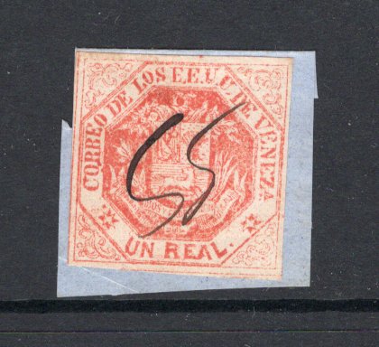 VENEZUELA - 1866 - CLASSIC ISSUES: 1r vermilion 'Square Type' a fine used copy on small piece cancelled by manuscript 'SS'. Four good margins. (SG 26)  (VEN/3993)
