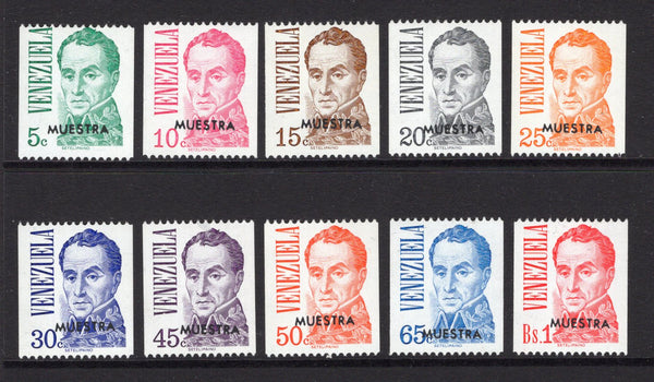 VENEZUELA - 1976 - SPECIMENS: 'Bolivar' PORTRAIT issue COIL stamps from the original printing by the State Bank Note Co, Helsinki, Finland. The set of ten each stamp with 'MUESTRA' (Specimen) overprint in black. (SG 2371/2380)  (VEN/39957)