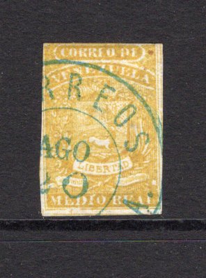 VENEZUELA - 1859 - CLASSIC ISSUES: ½r yellow 'First' issue, fine impression, a fine lightly used copy with part cds cancel in blue. Four margins. (SG 1)  (VEN/39994)