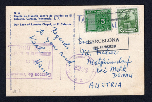 VENEZUELA - 1948 - POSTAL FISCAL & CANCELLATION: Colour PPC 'Our Lady of Lourdes Chapel, Caracas' franked on message side with 1947 25c dull green and 5c green 'Revenue' issue (SG 757) tied by large boxed BARCELONA EDO ANZOATEGUI cancel in black. Addressed to AUSTRIA with boxed AEROPUERTO DE MAQUETIA transit mark and Austrian censor mark all on front.  (VEN/40043)