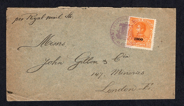 VENEZUELA - 1901 - CANCELLATION & ROUTING: Cover with manuscript 'Per Royal Mail Str' at top franked with single 1900 50c orange with '1900' overprint (SG 217) tied by fine strike of undated CORREO DE VENEZUELA AGENCIA POSTAL CD BOLIVAR 'Arms' cancel in purple. Addressed to UK with PORT OF SPAIN TRINIDAD transit cds and British arrival cds both on reverse.  (VEN/40127)