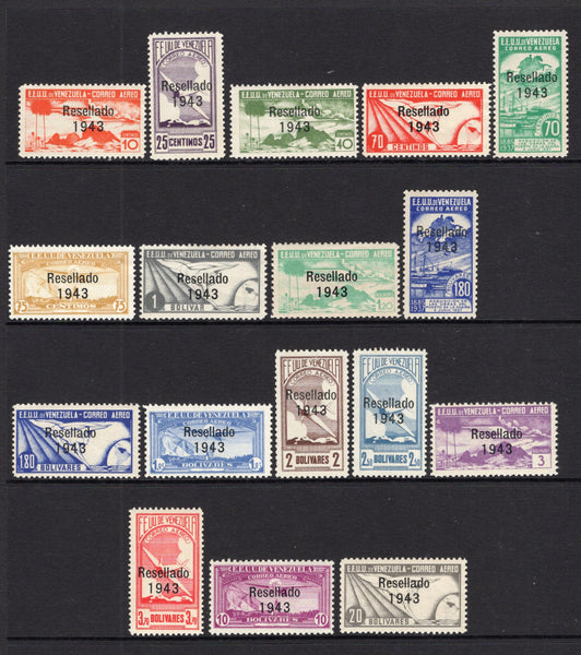VENEZUELA - 1943 - DEFINITIVE ISSUE: 'Resellado 1943' overprint on AIRMAIL issue, the set of seventeen fine unmounted mint. Rare in this quality. 1987 Club Filatelico de Caracas certificate accompanies. (SG 662/678)  (VEN/40189)