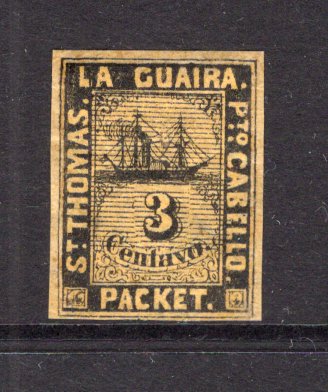 VENEZUELA - 1864 - LA GUAIRA LOCAL ISSUES: 3c black on yellow LA GUAIRA 'Ship' issue, type A (lines behind value), a fine mint copy with full O.G. and four good margins. (SG 4)  (VEN/40196)