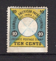 VENEZUELA - 1875 - HAMBURG AMERIKA PACKET COMPANY LOCAL ISSUE: 10c black, yellow & greenish blue 'Hamburg Amerika Packet Co.' LOCAL issue from the bottom row of the sheet with bottom edge imperf used copy with manuscript 'X' cancel in blue. Scarce. (Hurt & Williams #1)  (VEN/40199)