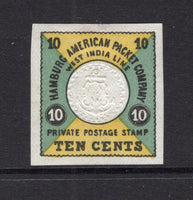 VENEZUELA - 1875 - HAMBURG AMERIKA PACKET COMPANY LOCAL ISSUE REPRINT: 10c black, yellow & greenish blue 'Hamburg Amerika Packet Co.' LOCAL issue. The 1938 REPRINT for the 'Deutsche Sammler Gemeinschaft' exhibition, imperf and gummed. (As Hurt & Williams #1)  (VEN/40200)