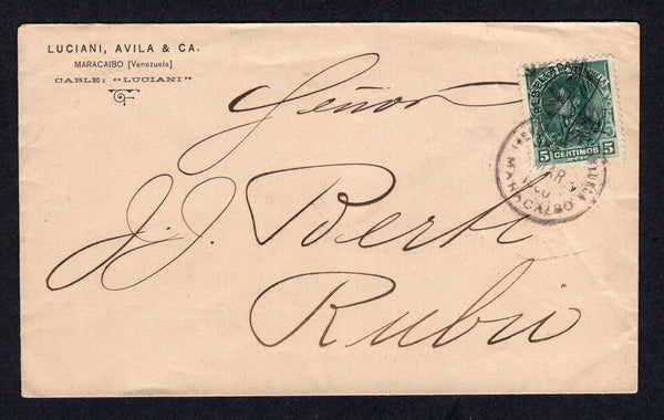 VENEZUELA - 1900 - INTERNAL MAIL: Cover franked with single 1900 5c blue green with 'R.T.M.' overprint (SG 199) tied by MARACAIBO cds dated MAR 1900. Addressed internally to RUBIO. A nice single use of this stamp on internal mail.  (VEN/40467)