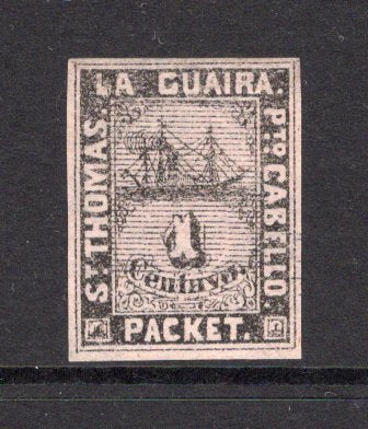 VENEZUELA - 1864 - LA GUAIRA LOCAL ISSUES: 1c black on rose LA GUAIRA 'Ship' issue, type A (lines behind value), a fine looking unused copy with four large margins. (SG 2)  (VEN/40587)