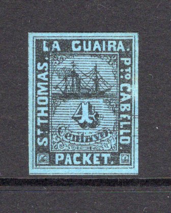 VENEZUELA - 1864 - LA GUAIRA LOCAL ISSUES: 4c black on blue LA GUAIRA 'Ship' issue, type A (lines behind value), a fine mint copy with full O.G. and four large margins. (SG 5)  (VEN/40589)