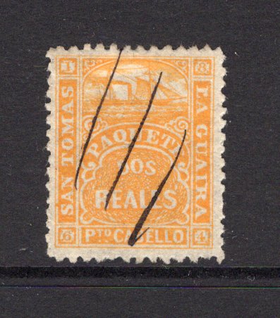 VENEZUELA - 1864 - LA GUAIRA LOCAL ISSUES: 2r golden yellow LA GUAIRA 'Ship' issue for use in St. Thomas, perf 13, a fine copy used with neat manuscript cancel. Underrated issue. (SG 16)  (VEN/40596)