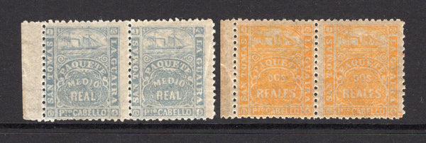 VENEZUELA - 1864 - LA GUAIRA LOCAL ISSUES: ½r bluish grey & 2r golden yellow LA GUAIRA 'Ship' issue for use in St. Thomas, perf 13, the pair in fine mint side marginal pairs. Slight crease on the ½r but otherwise fine & scarce in multiples. (SG 15/16)  (VEN/40597)