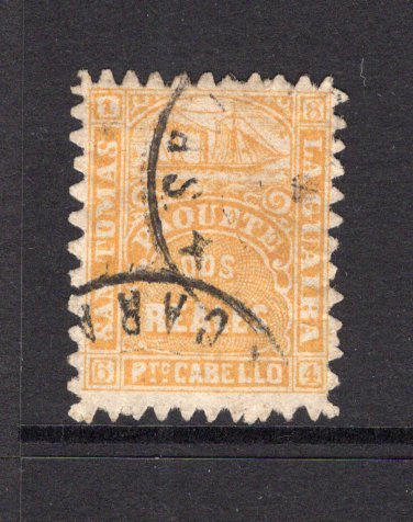 VENEZUELA - 1864 - LA GUAIRA LOCAL ISSUES: 2r orange yellow LA GUAIRA 'Ship' issue for use in Venezuela inscribed 'PAOUETE', zig-zag roulette 9 - 9½, a fine cds used copy. A scarce stamp. (SG 24)  (VEN/40601)
