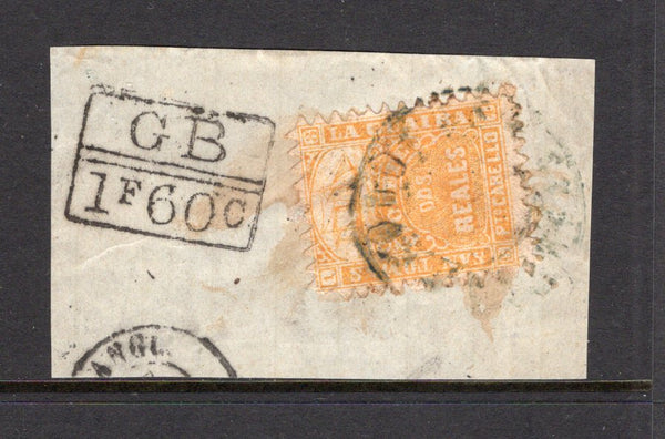 VENEZUELA - 1864 - LA GUAIRA LOCAL ISSUES: 2r orange yellow LA GUAIRA 'Ship' issue for use in Venezuela inscribed 'PAOUETE', zig-zag roulette 9 - 9½, a fine used copy tied on piece by CARACAS cds with boxed 'G B 1F 60c' accountancy mark alongside. A scarce stamp. (SG 24)  (VEN/40603)