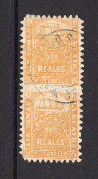 VENEZUELA - 1864 - LA GUAIRA LOCAL ISSUES: 2r orange yellow LA GUAIRA 'Ship' issue for use in Venezuela inscribed 'PAOUETE', zig-zag roulette 9 - 9½, a fine cds used vertical pair. Some light creasing but a rare stamp in used multiples. (SG 24)  (VEN/40604)