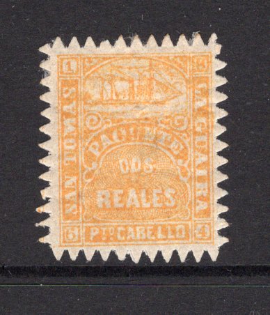 VENEZUELA - 1864 - LA GUAIRA LOCAL ISSUES: 2r orange yellow LA GUAIRA 'Ship' issue for use in Venezuela inscribed 'PAOUETE', zig-zag roulette 9 - 9½, a fine looking mint copy with full gum. Light thin on reverse but very scarce. (SG 24)  (VEN/40605)