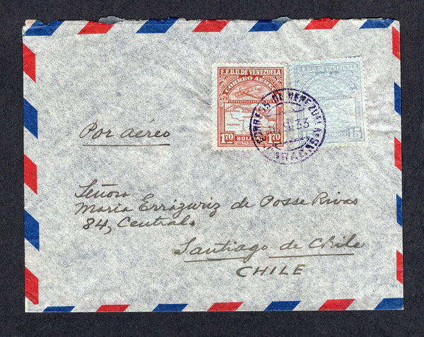 VENEZUELA - 1933 - AIRMAIL: Airmail cover franked with 1932 15c slate grey and 1b 70c red brown AIRMAIL issue on Banknote paper (SG 428 & 435) tied by CARACAS cds in purple dated 16. 9. 1933. Addressed to CHILE with arrival cds on reverse.  (VEN/40650)