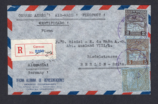 VENEZUELA - 1936 - AIRMAIL & REGISTRATION: Registered airmail cover franked with 1932 5c deep brown, 40c bronze green and 2b sepia AIRMAIL issue on Banknote paper (SG 426, 430 & 439) tied by CARACAS cds's in purple with printed red on white 'Caracas' registration label alongside. Addressed to GERMANY with USA transit and German arrival cds dated May 1936 on reverse.  (VEN/40651)