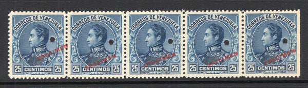 VENEZUELA - 1899 - SPECIMENS: 25c blue 'Bolivar' issue, a fine strip of five each stamp overprinted 'SPECIMEN' in red and with small hole punch. Ex ABNCo. Archive. (SG 181)  (VEN/41018)